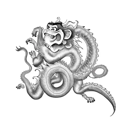 in chinese zodiac I'm a dragon my wife a monkey and my boy also a monkey. Represent this in a funny tattoo. tattoo design idea