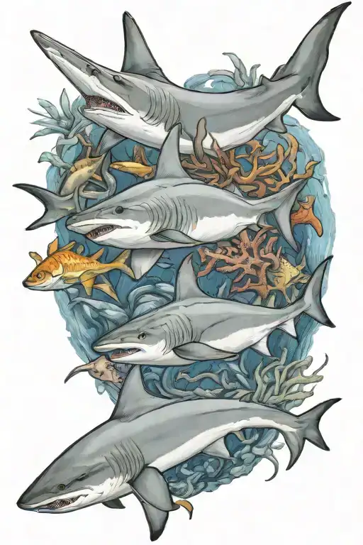coral reef with bull shark and hammerhead shark tattoo design idea