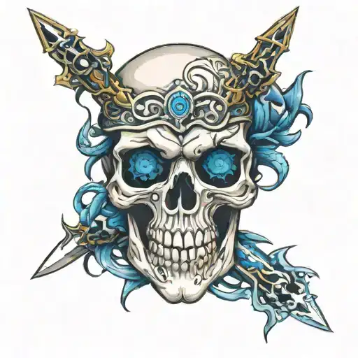 British inspired warrior skull with blue creepy eyes and daggers and snakes in the background tattoo design idea