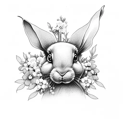 grey bunny with white details around his body and forget me not with flowers around him  tattoo design idea