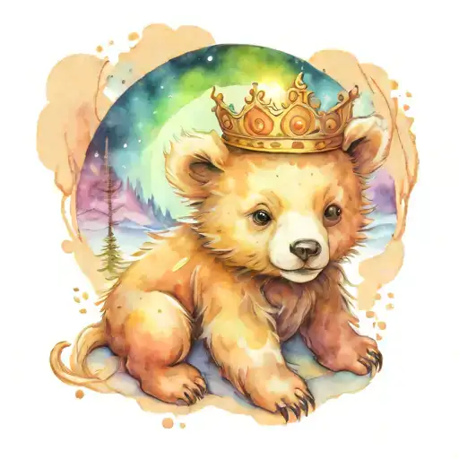 A whimsical scene of a baby bear wearing a crown under the Northern Lights tattoo design idea