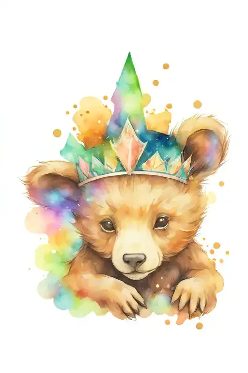 A baby bear wearing a crown under a sky adorned with the Northern Lights tattoo design idea