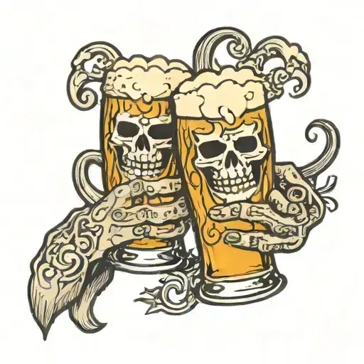 two beer glasses toasting with a scroll that reads "Wherever he may be tattoo design idea