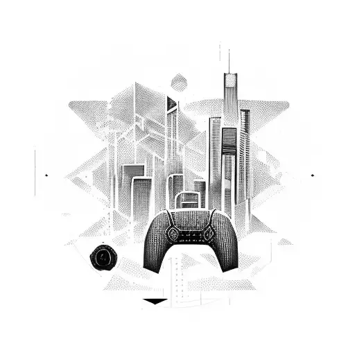 A futuristic cityscape with a PS5 controller integrated into the skyline tattoo design idea