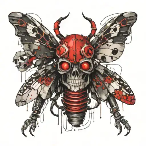 a deaths head moth with a robotic skull and the body is slowly morphing into a robot like the Terminator tattoo design idea