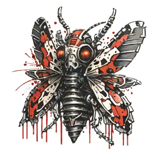 a deaths head moth with a robotic skull and the wings are slowly morphing into a robot like the Terminator tattoo design idea