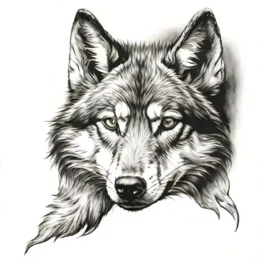 wolfshead with two playing Wolf puppies underneath the head  tattoo design idea