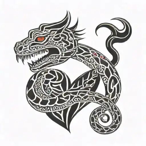 Create 3D snakes on the collarbones that have fire in their mouths and form a heart on the neck tattoo design idea