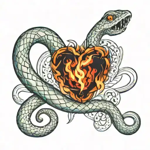 Create 3D snakes on the collarbones that have fire in their mouths and form a heart on the neck tattoo design idea