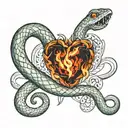 Create 3D snakes on the collarbones that have fire in their mouths and form a heart on the neck tattoo design idea