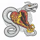 Create 3D snakes on the collarbones that have fire in their mouths and form a heart on the neck tattoo design idea