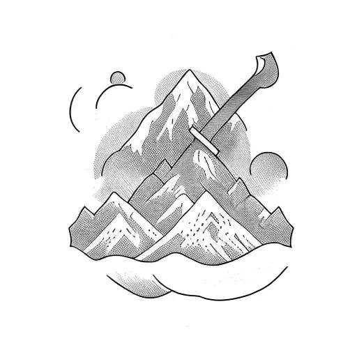 A minimalist tattoo of an ancient necromancer holding a sword in front of a mountain range tattoo design idea