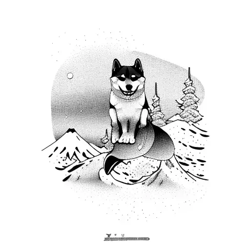 shiba inu snowboarding in japan tattoo design idea