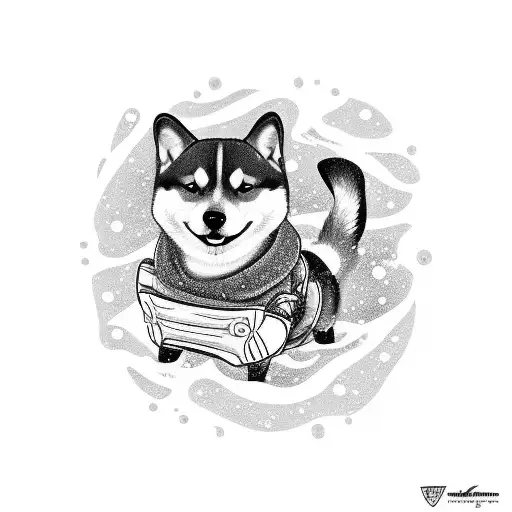 A playful Shiba Inu wearing snow goggles and a snowboard strapped to its back, ready for a snowy adventure tattoo design idea