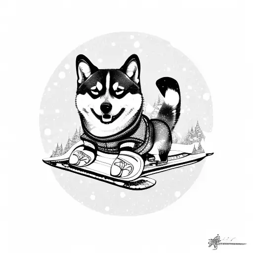 A playful Shiba Inu wearing snow goggles and a snowboard strapped to its back, ready for a snowy adventure tattoo design idea