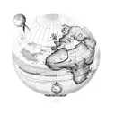 globe with a flight around it and connects to a infinite symbols saying enjoy tattoo design idea