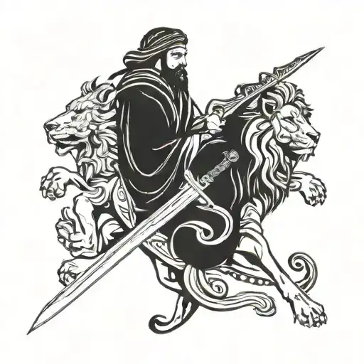 imam ali two headed sword and a lion tattoo design idea