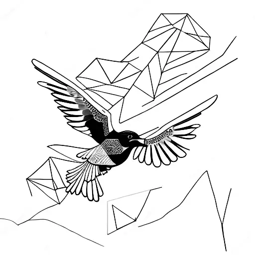 magpie in flight, its wings formed by bold triangles, and its body with a mix of geometric shapes tattoo design idea