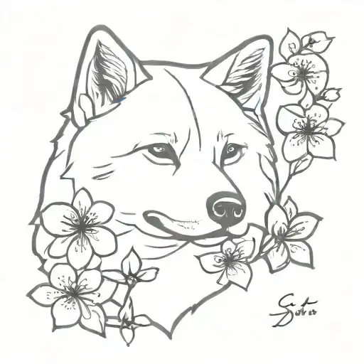 akita and sakura flower tattoo design idea