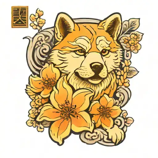 akita and sakura flower tattoo design idea