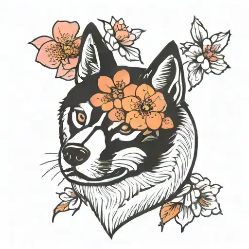 akita and sakura flower tattoo design idea