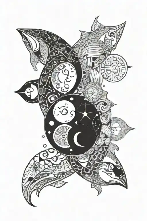 moon phases with Pisces fish yin Yang  tattoo design idea
