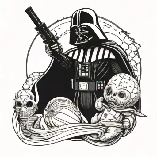 Death Star background, darth Vader holding a baby and his lightsaber  tattoo design idea