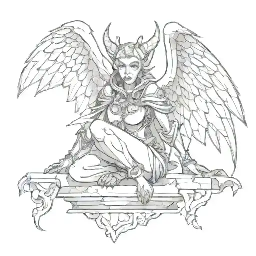 female gargoyle warrior ,wings ,and fangs perched atop tattoo design idea