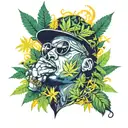 Enlightened rapper surrounded by cannabis leaves and prescription pills tattoo design idea