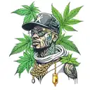 Enlightened rapper surrounded by cannabis leaves and prescription pills tattoo design idea