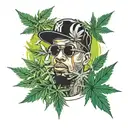 Enlightened rapper surrounded by cannabis leaves and prescription pills tattoo design idea