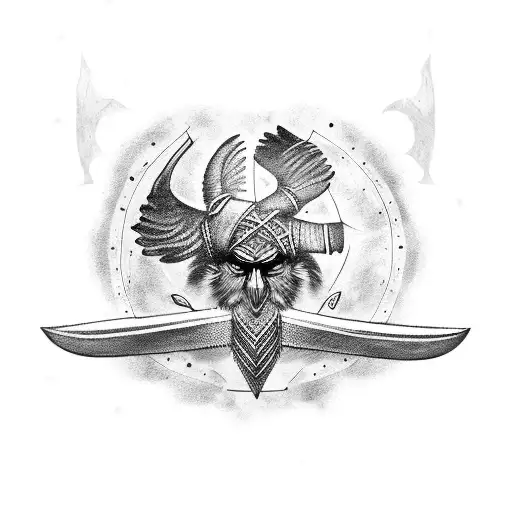 crow, cranium and axe vikings tattoo design idea