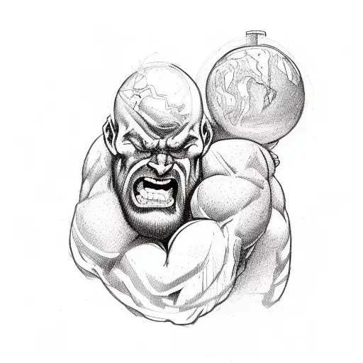 Strong man holding a world on his shoulders, pain face, muscled, barely dead, Atlas myth, medieval style, dark art tattoo design idea