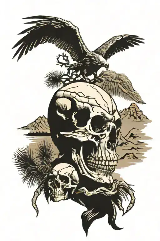 joshua tree with mountains bison skull feathers eagle   tattoo design idea