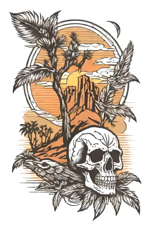 joshua tree, mountains, skull, feathers, sunset tattoo design idea