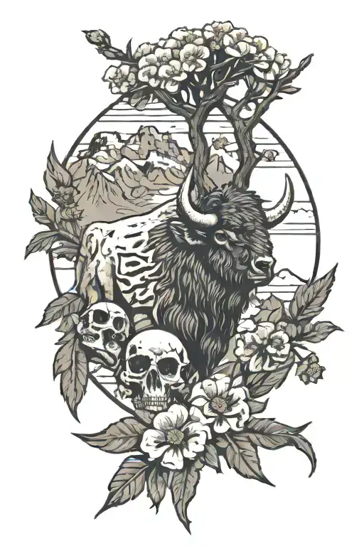 joshua tree with mountains bison skull feathers primroses eagle   tattoo design idea