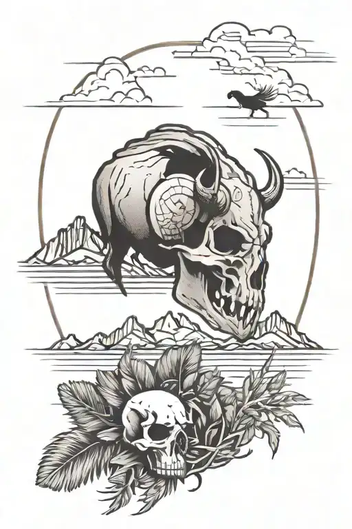 joshua tree, mountain range, bison skull, feathers, banner  tattoo design idea