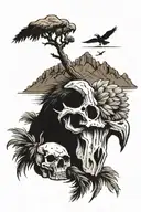 joshua tree with mountains bison skull feathers eagle   tattoo design idea