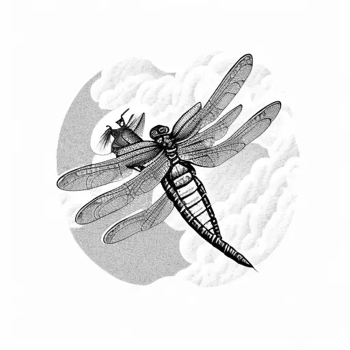 An intricate black-grey tattoo of a dragonfly perched on a mountain peak, with Studio Ghibli characters flying around it tattoo design idea
