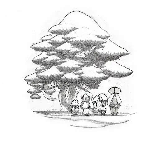 A sketch-style tattoo of a mother and 2 children Studio Ghibli characters in a serene forest clearing tattoo design idea