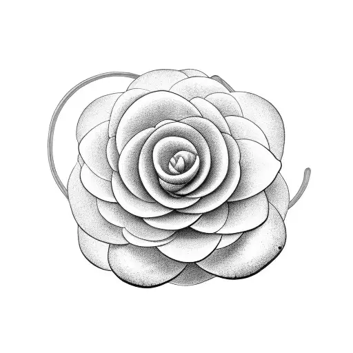 A minimalist design of a camellia flower with a train track winding through its petals tattoo design idea