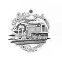 A whimsical scene from a Studio Ghibli movie featuring a train passing through a sunflower field at sunrise tattoo design idea