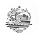 A whimsical scene from a Studio Ghibli movie featuring a train passing through a sunflower field at sunrise tattoo design idea