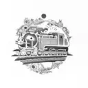 A whimsical scene from a Studio Ghibli movie featuring a train passing through a sunflower field at sunrise tattoo design idea