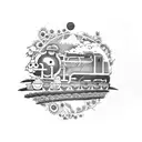 A whimsical scene from a Studio Ghibli movie featuring a train passing through a sunflower field at sunrise tattoo design idea