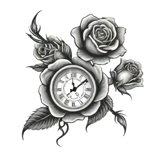 clock 3 roses   tattoo design idea