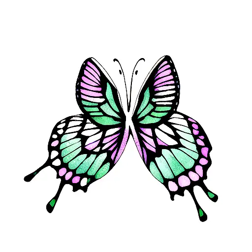 coverup of butterfly tattoo. colors in lilac, mint green, peach. colorful watercolor, abstract and graphic. tattoo design idea