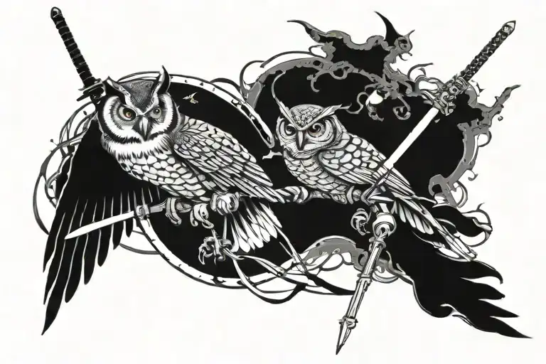 ronin and owl split in middle by sword tattoo design idea