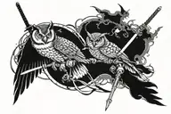ronin and owl split in middle by sword tattoo design idea