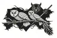 ronin and owl split in middle by sword tattoo design idea
